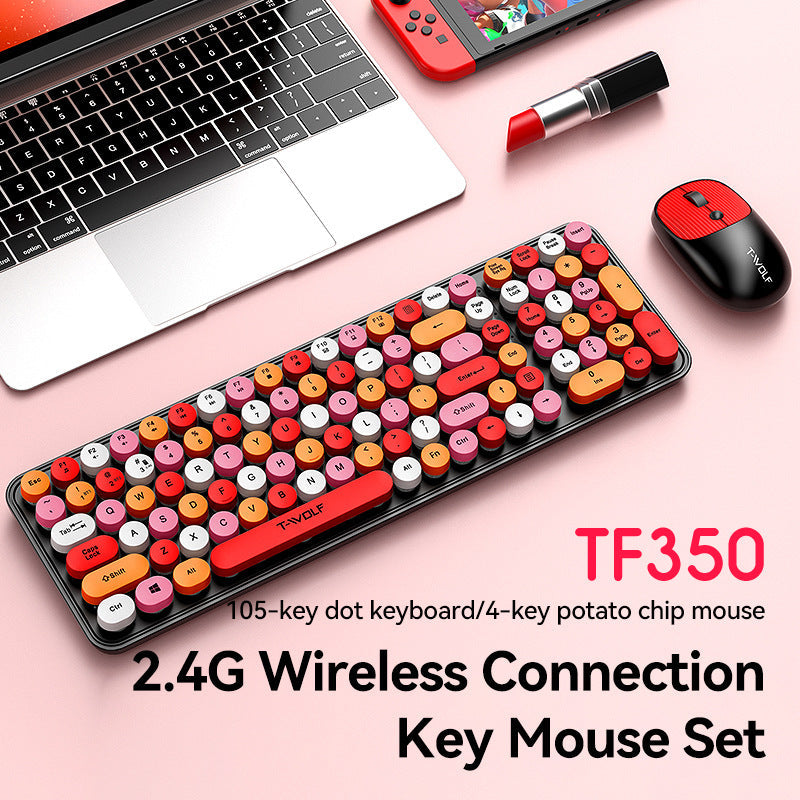 T-WOLF Thunder Wolf TF350 Wireless Keyboard and Mouse Set for Girls, Colorful Punk Retro Mouth Red Round Key Cap