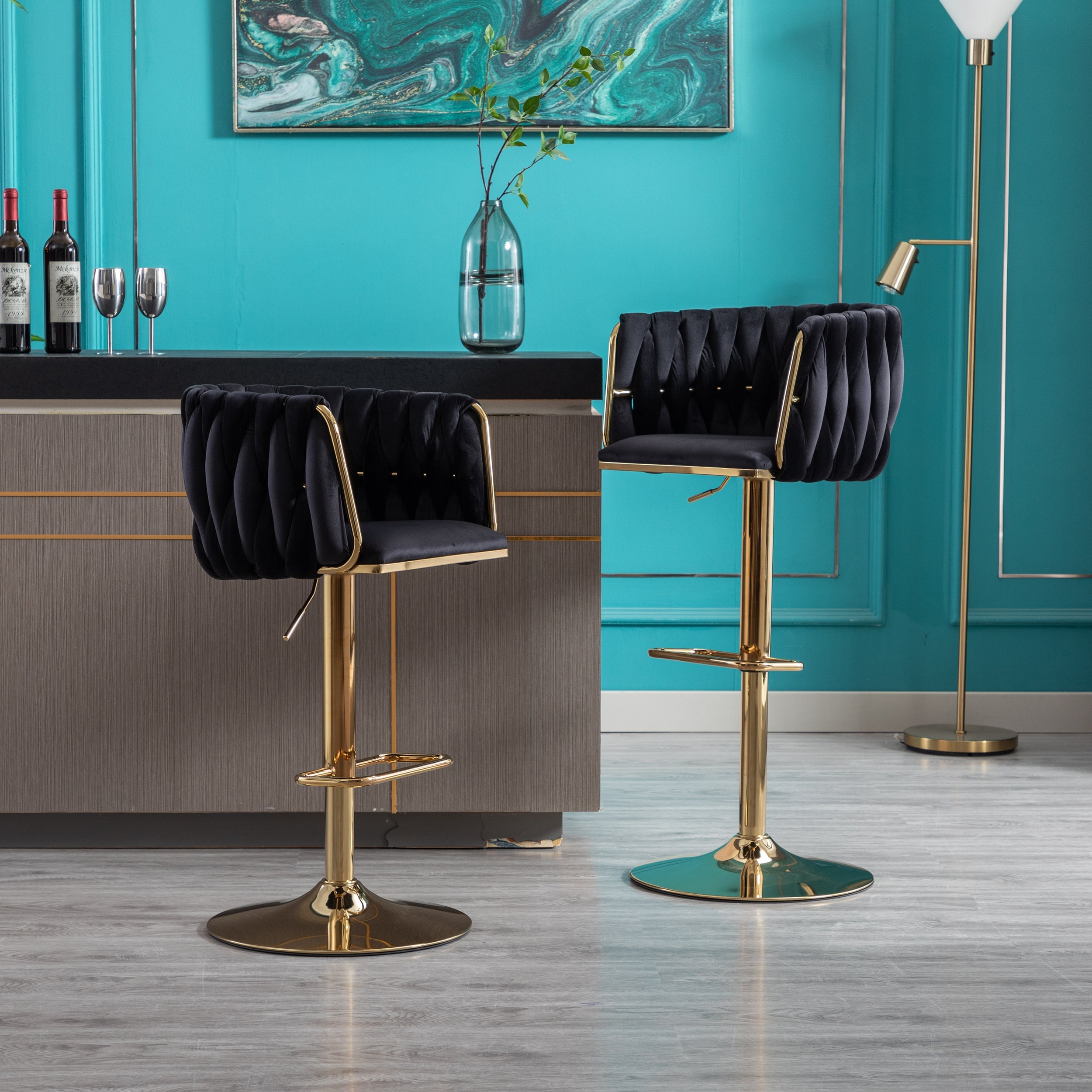 Set of 2 Bar Stools with Chrome Footrest and Base Swivel Height  Velvet + Golden Leg Simple Bar Stool-Black