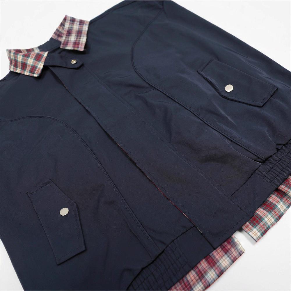 Retro Men's Jacket, Turn-Down Collar, Color Block Splicing, Casual Loose Fit Outerwear for Men