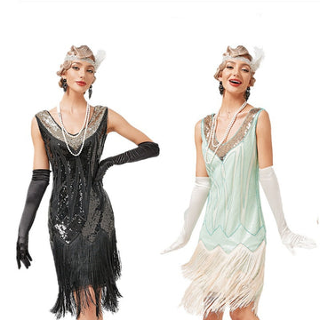 Vintage 1920s Retro V-Neck Fringe Dress Gatsby Party Latin Dance Sequin Beaded Cocktail Dress
