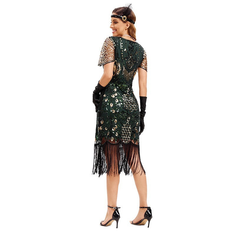 Party 1920s  Style Retro Gatsby V-Neck Evening Dress with Sequins and Fringe Short Sleeve Dress