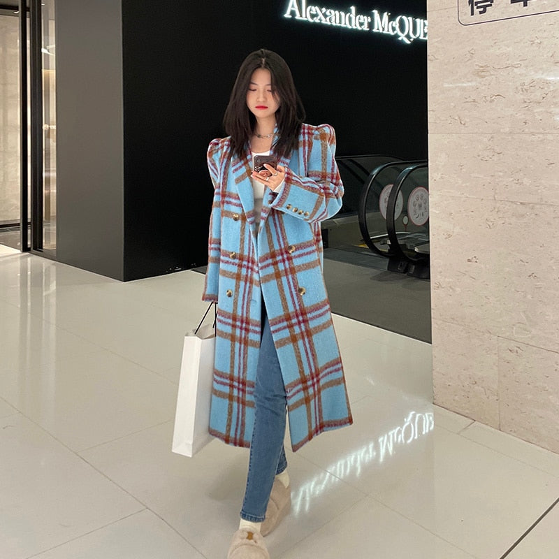 Vintage Wool Loose Coat Winter Puff Sleeve Blue Checked Coat for Women Korean Style High Quality