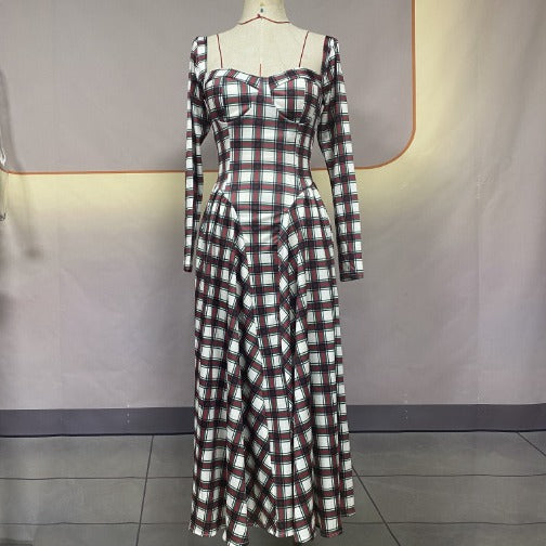 U-shaped collar checkered long sleeved slim fit belt retro dress for women