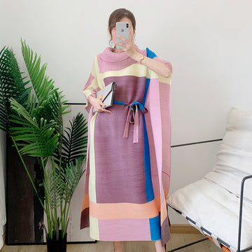 Pleated Print Dress Autumn New Women's Retro Style a Version Color Matching Lapel Pleated Long Skirt