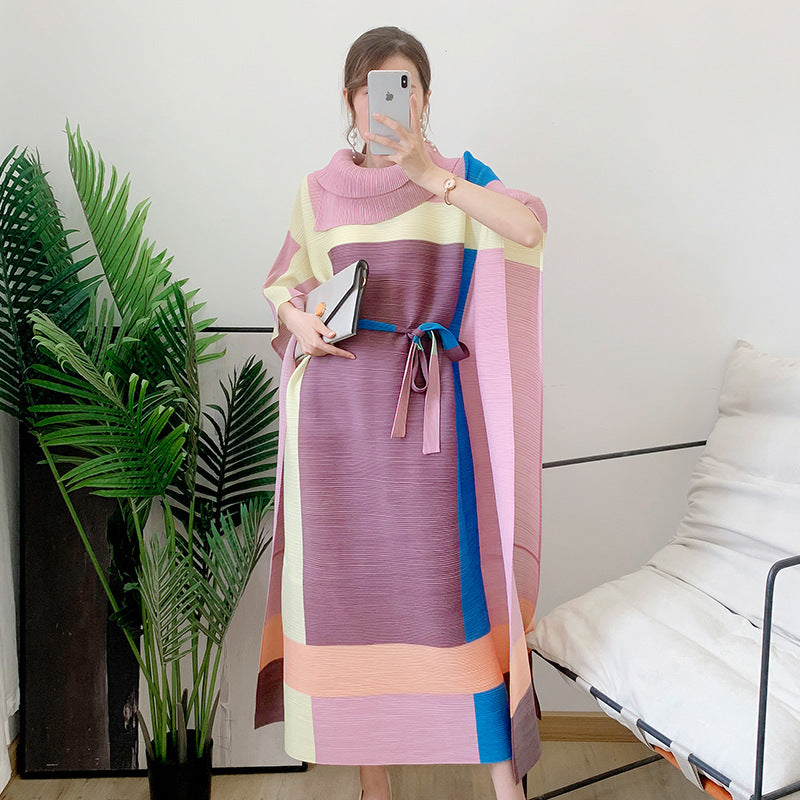 Pleated Print Dress Autumn New Women's Retro Style a Version Color Matching Lapel Pleated Long Skirt