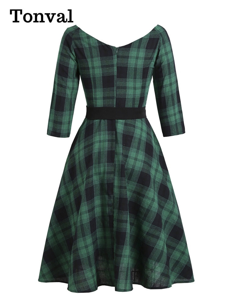 Tonval Green Plaid Elegant 1950s Style Vintage Robe V Neck High Waist Dress 3/4 Length Sleeve Women Retro Clothes Midi Dresses