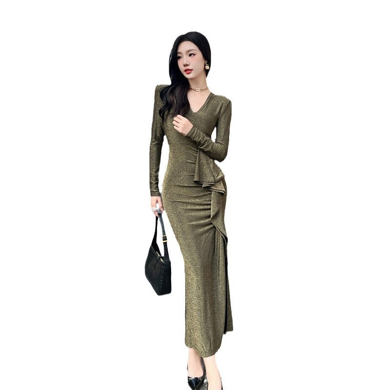 V-neck Hip Long Dress Slimming Long Sleeves Dress