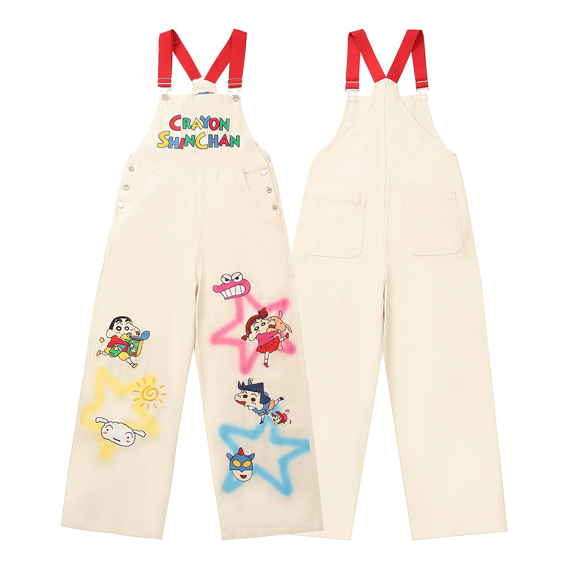 Retro Cartoon Embroidery Color Block Workwear Overalls Unisex Loose Straight Wide Leg Long Pants