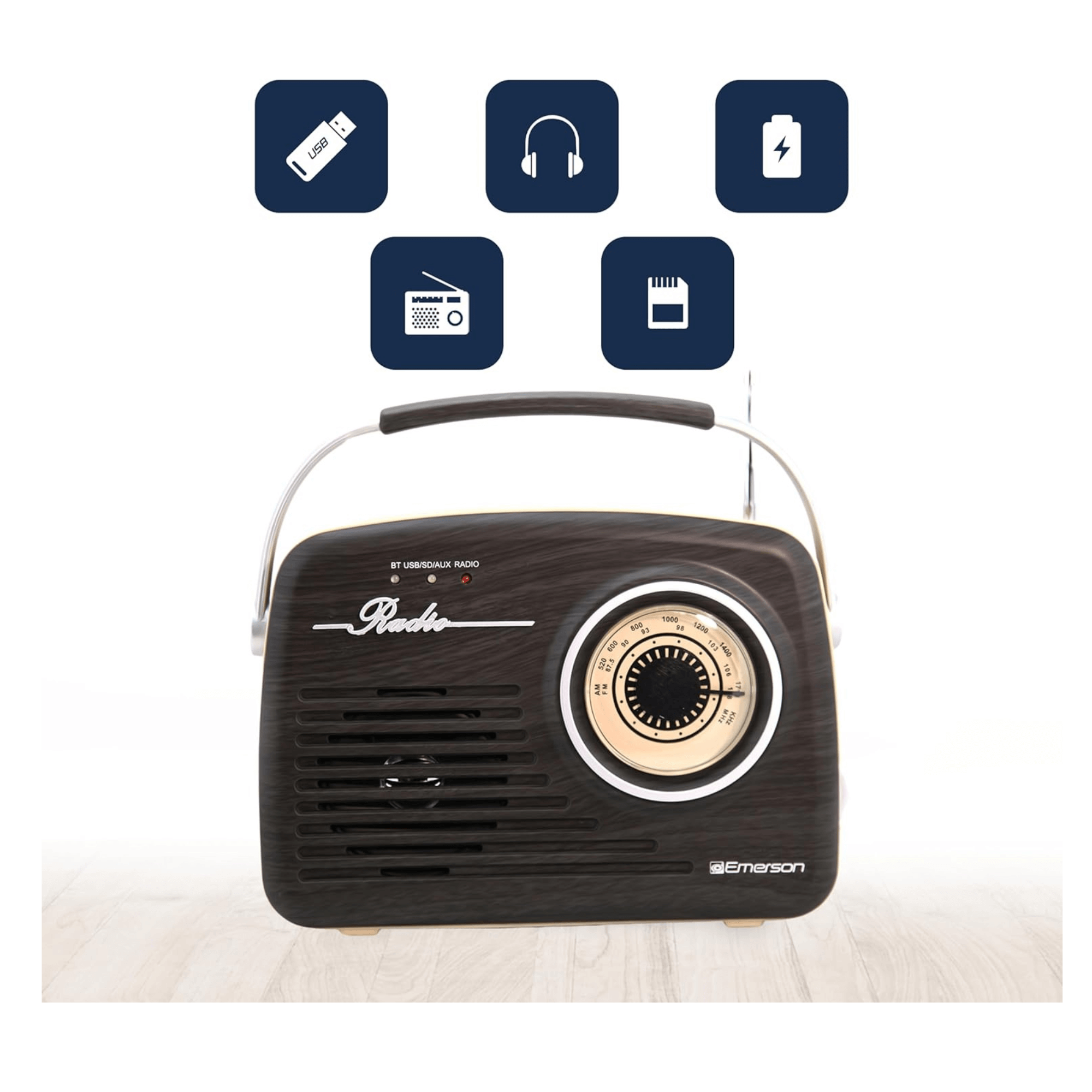 Emerson Portable Retro Radio with Built-In Rechargeable Battery and Memory Set