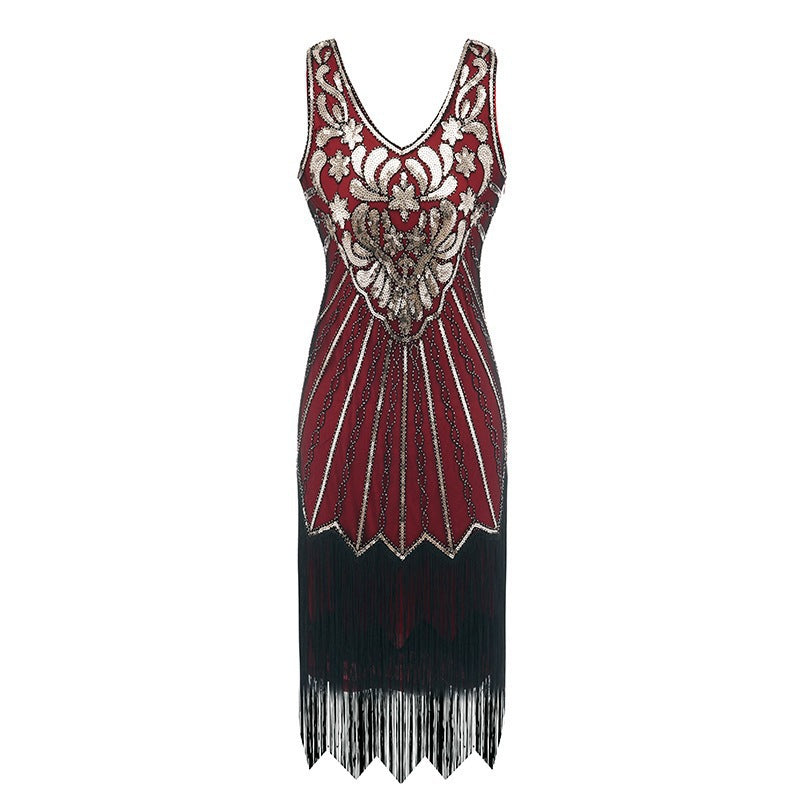 1920s Retro V-Neck Sequin Gatsby Luxury Sequin Fringe Dress Party Ball Cocktail Dress