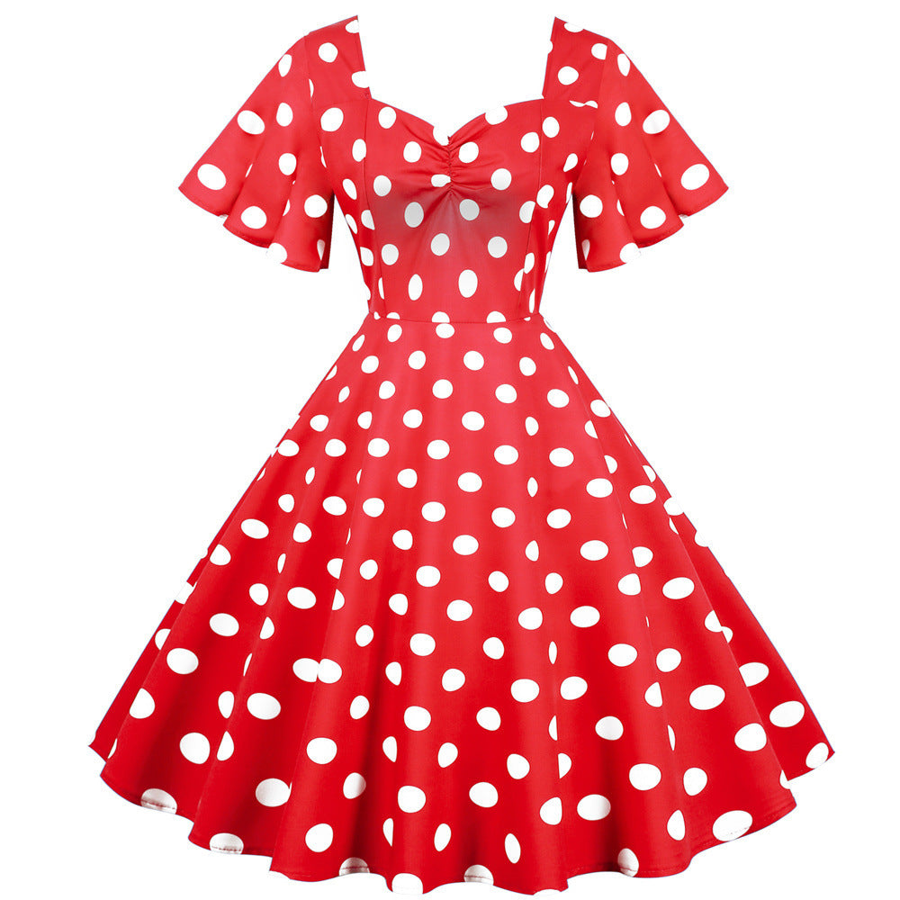 Casual Short-sleeved Slim-fit Polka Dot Print Large Swing Dress