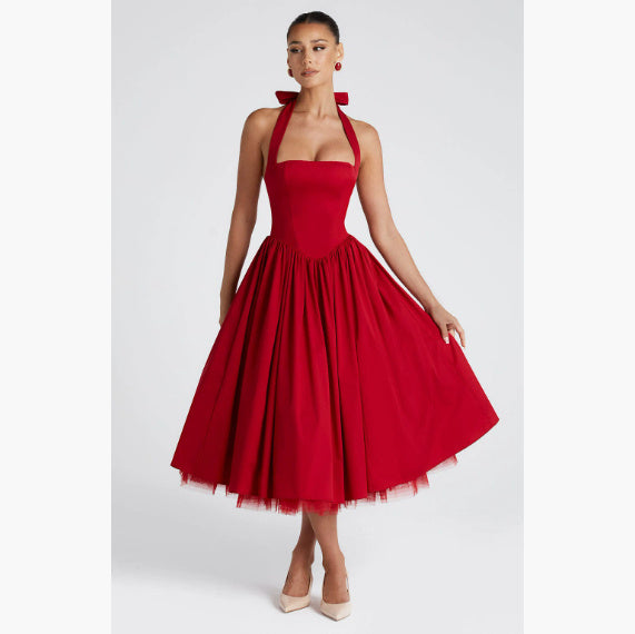 Hanging Collar Sexy Slim Fit Backless Mid-length Sweet Mesh Temperament Dress