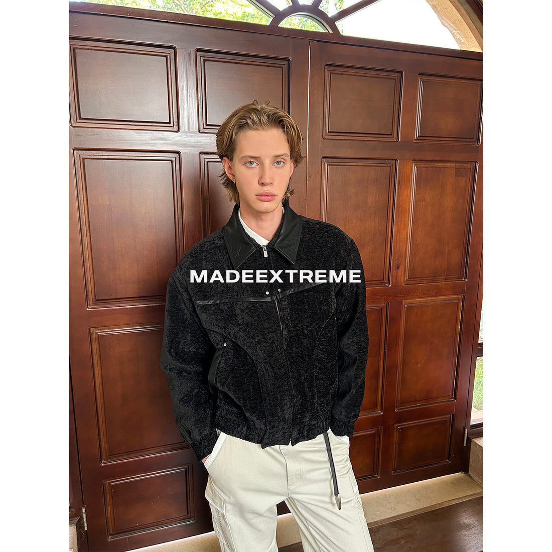 Velvet Chenille Blended Jacket with Textured Design Vintage Lapel Zipper Leather Splicing Outerwear for Men and Women