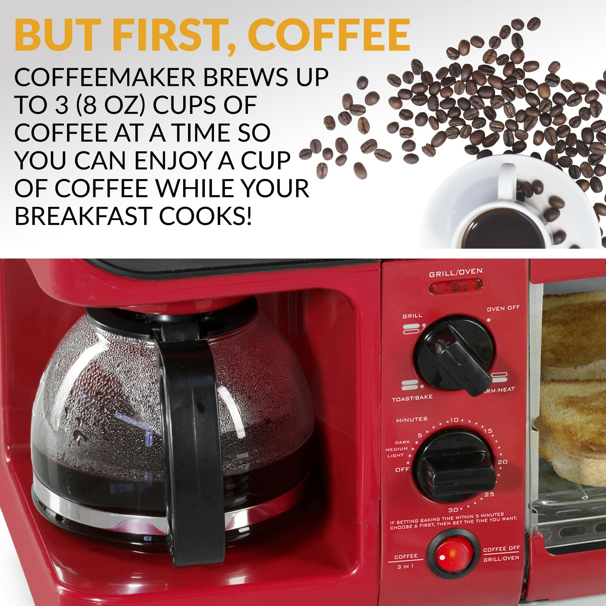 Nostalgia BST3RR Retro 3-in-1 Family Size Electric Breakfast Station, Coffeemaker, Griddle, Toaster Oven - Retro Red