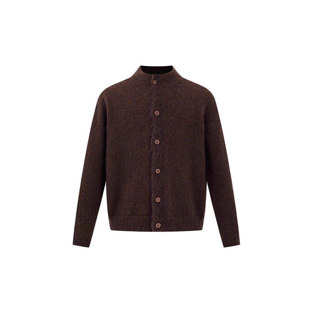 Vintage Stand Collar Melange Knit Cardigan Sweater Coat for Men and Women Couple