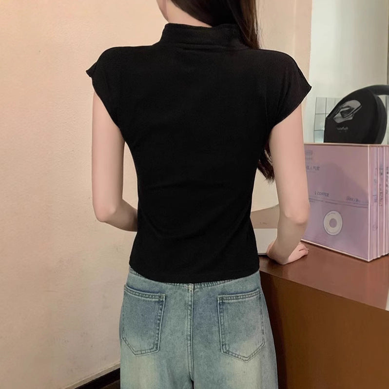 Style Traditional Button Half-Sleeve T-Shirt Women's Retro Slimming Short Fit Versatile Top