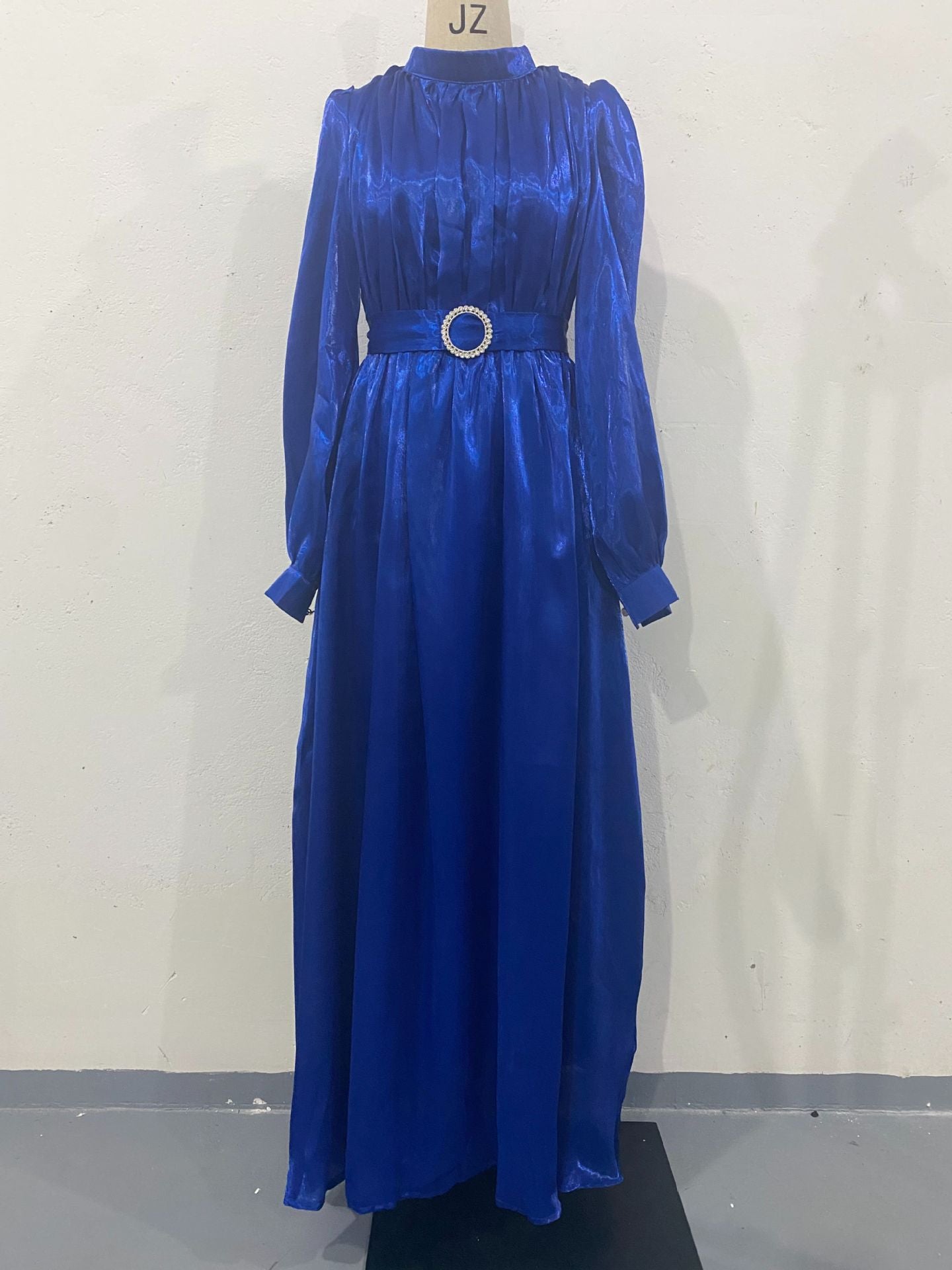 Round neck organza lantern sleeve long sleeved slim waistband retro dress