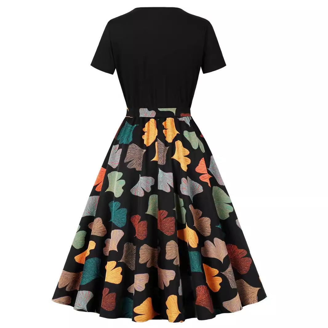 Round Neck Vintage Print Short Sleeves Dress