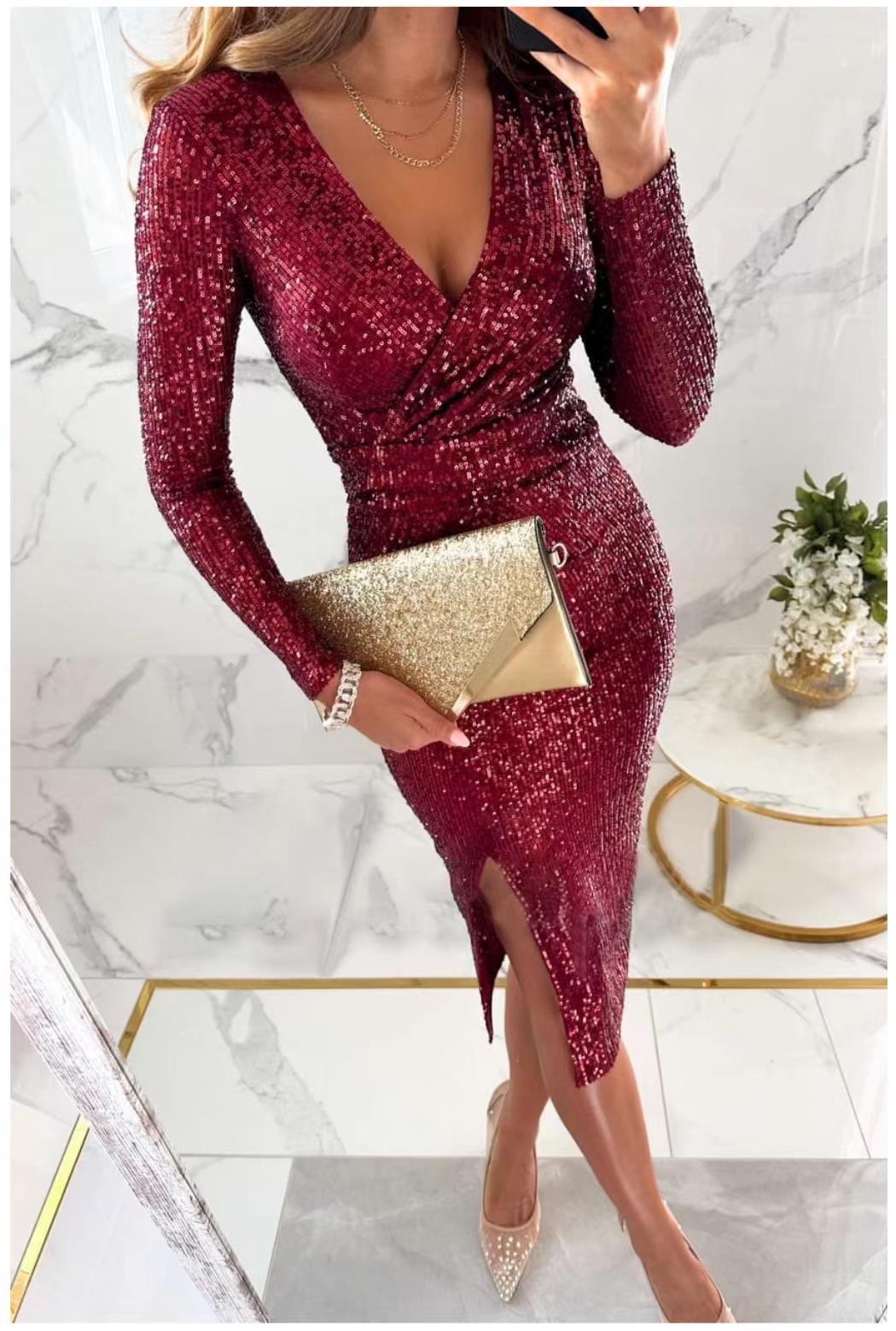 Autumn And Winter New Sequins Split Long Sleeve Dress
