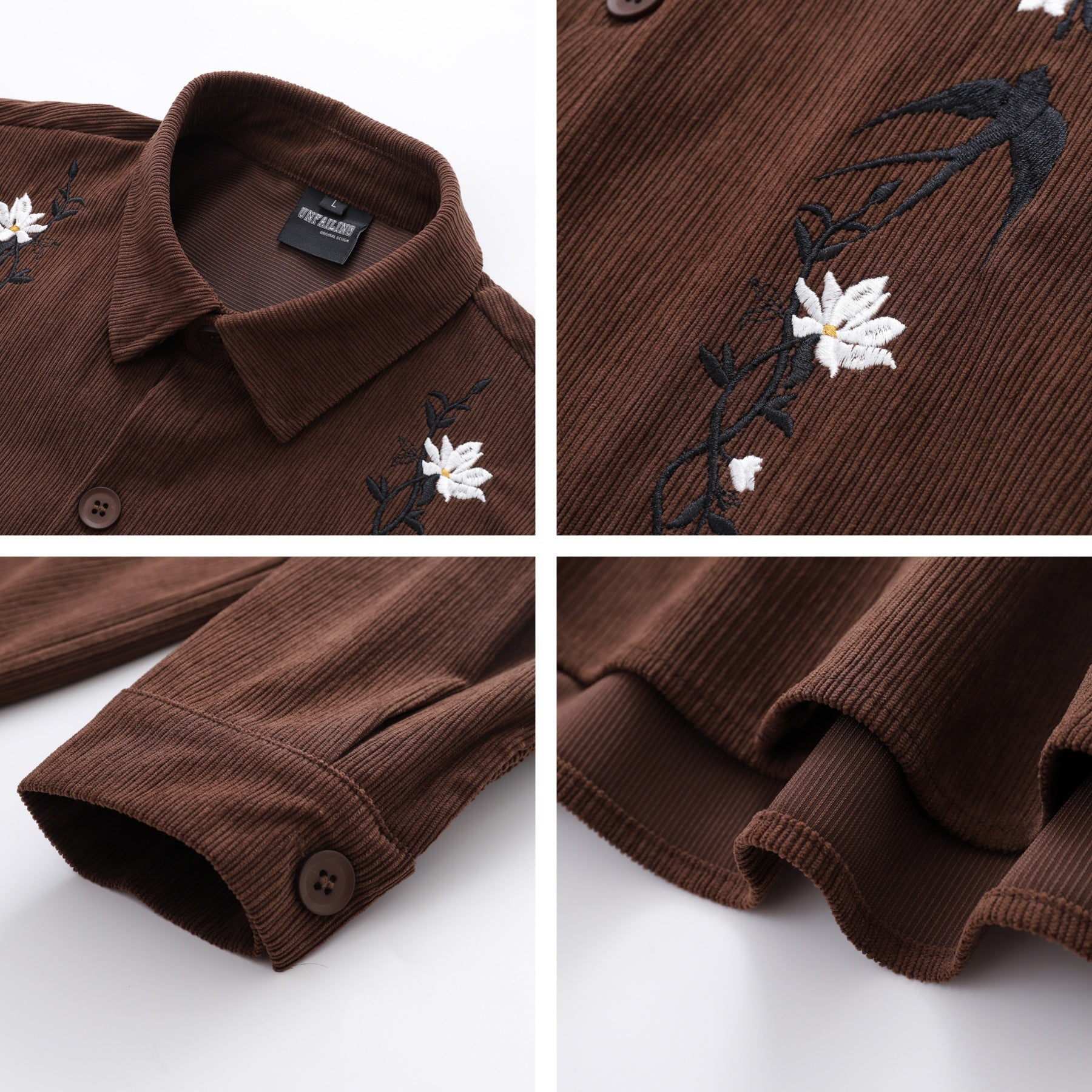 Retro Swallow Floral Embroidery Corduroy Long Sleeve Shirt Unisex Loose Couple Shirt Jacket