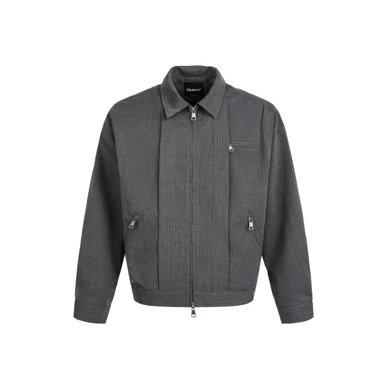 Retro Classic Solid Color Zipper Pocket Turn-Down Collar Jacket Outerwear