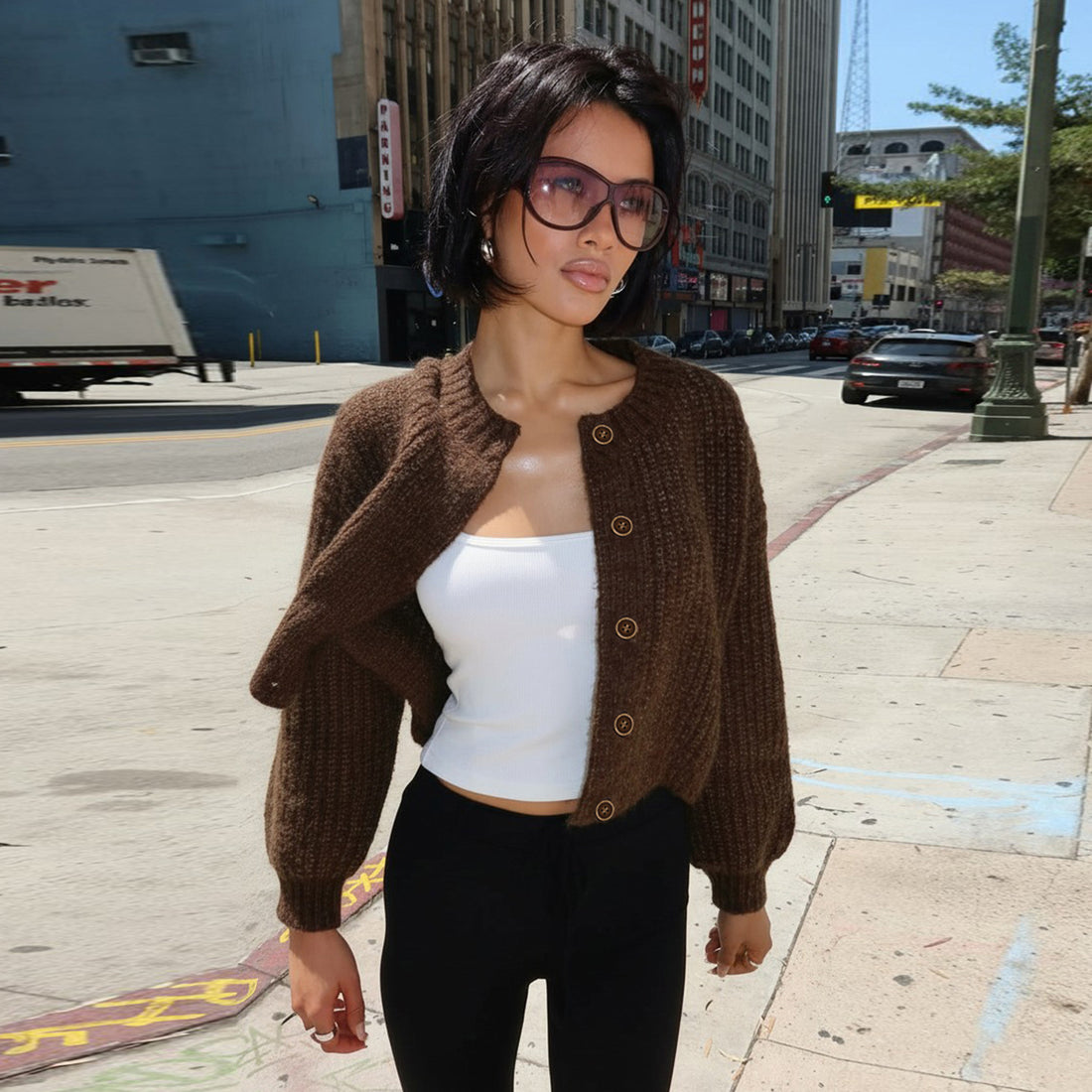 Retro Style Melange Casual Knit Cardigan,  Button-Down Open Front, Lazy Feel Versatile Knitted Top