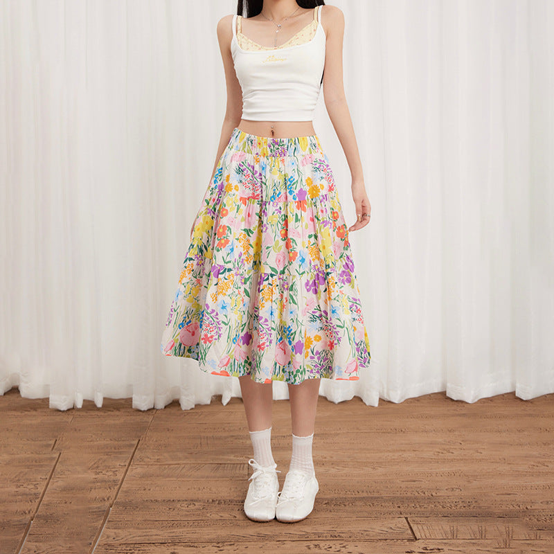 Floral Print High-Waisted Loose Vintage A-Line Midi Skirt for Women