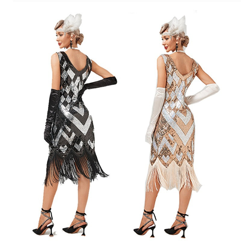 Gatsby Sequin Fringe Dress 1920s Vintage V-Neck Elegant Evening Gown Sexy Fringed Dress