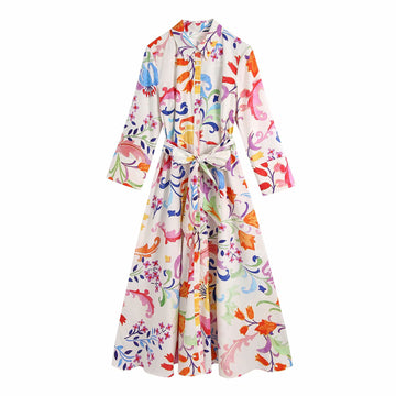 Women Vintage Totem Floral Print Bow Sashes Midi Shirt Dress