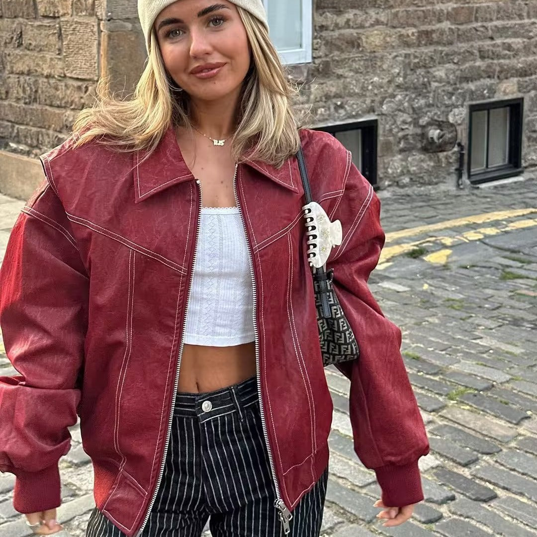 PU Autumn Winter Vintage Long Sleeve Patchwork Jackets Fashion Streetwear Pocket Coats