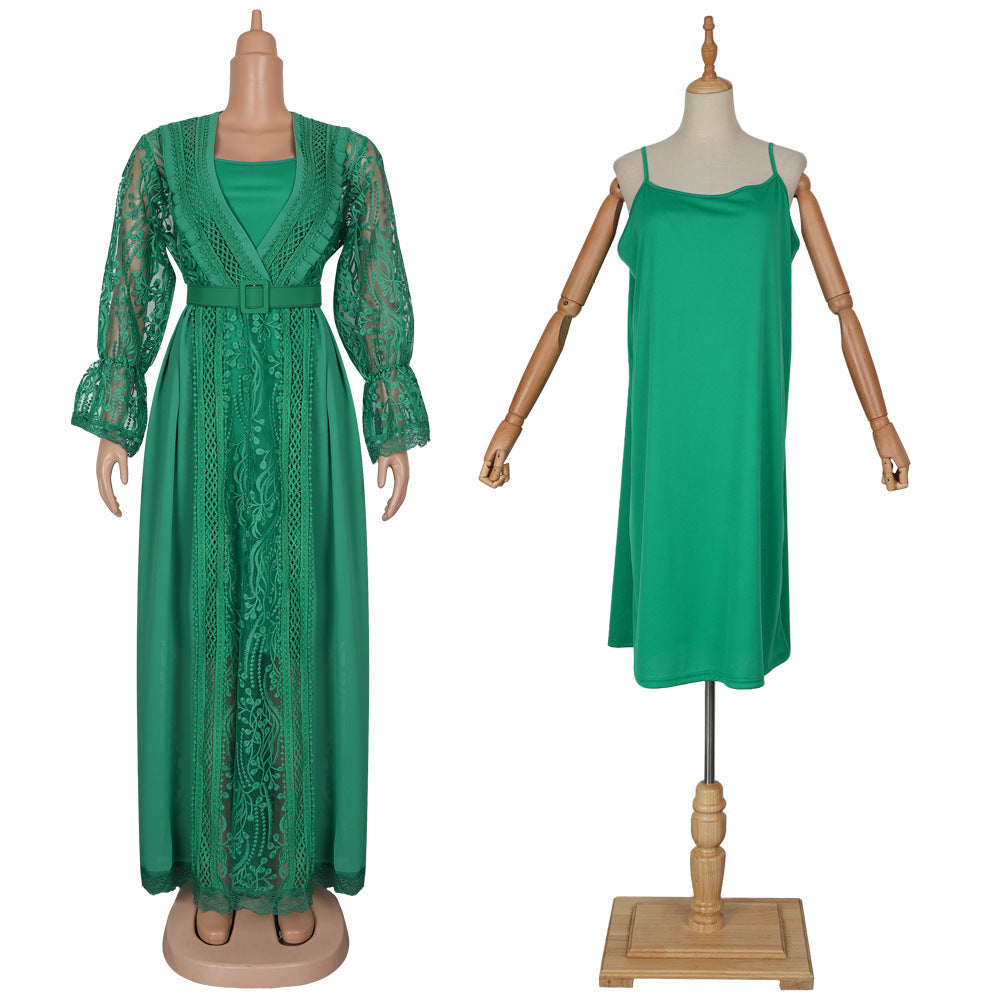 Embroidered Lace Hollow-out Long Sleeve Elegant Dress Suspender Skirt Two-piece Set