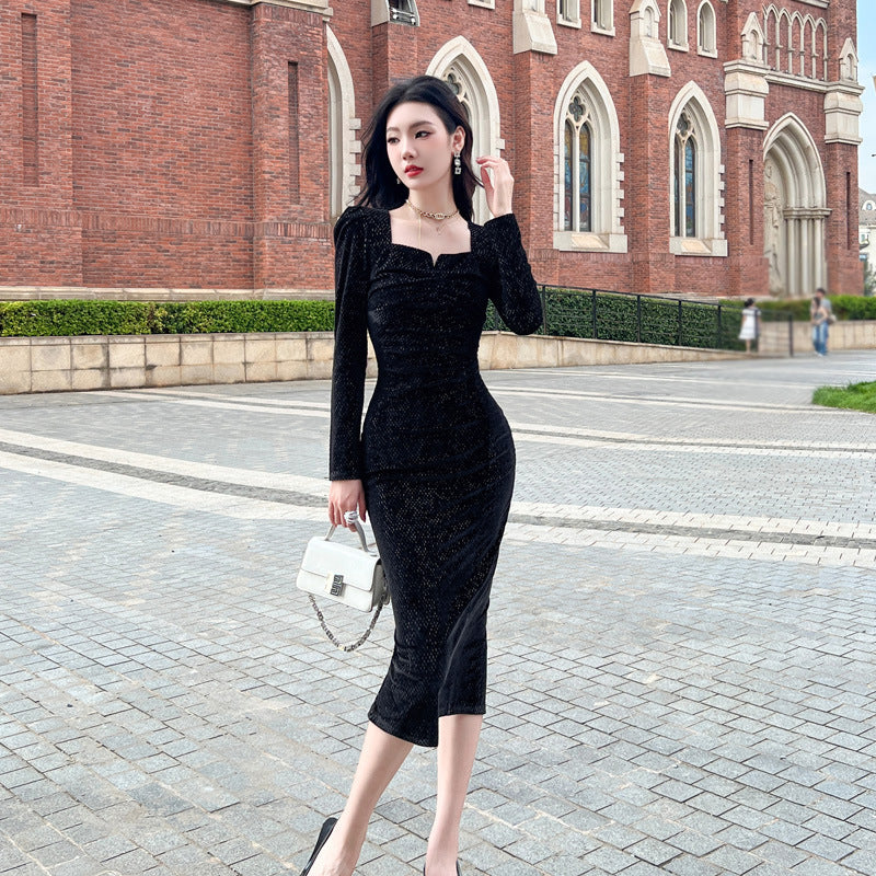Long Sleeve Velvet Dress Waist Slimming Square Collar Black Skirt