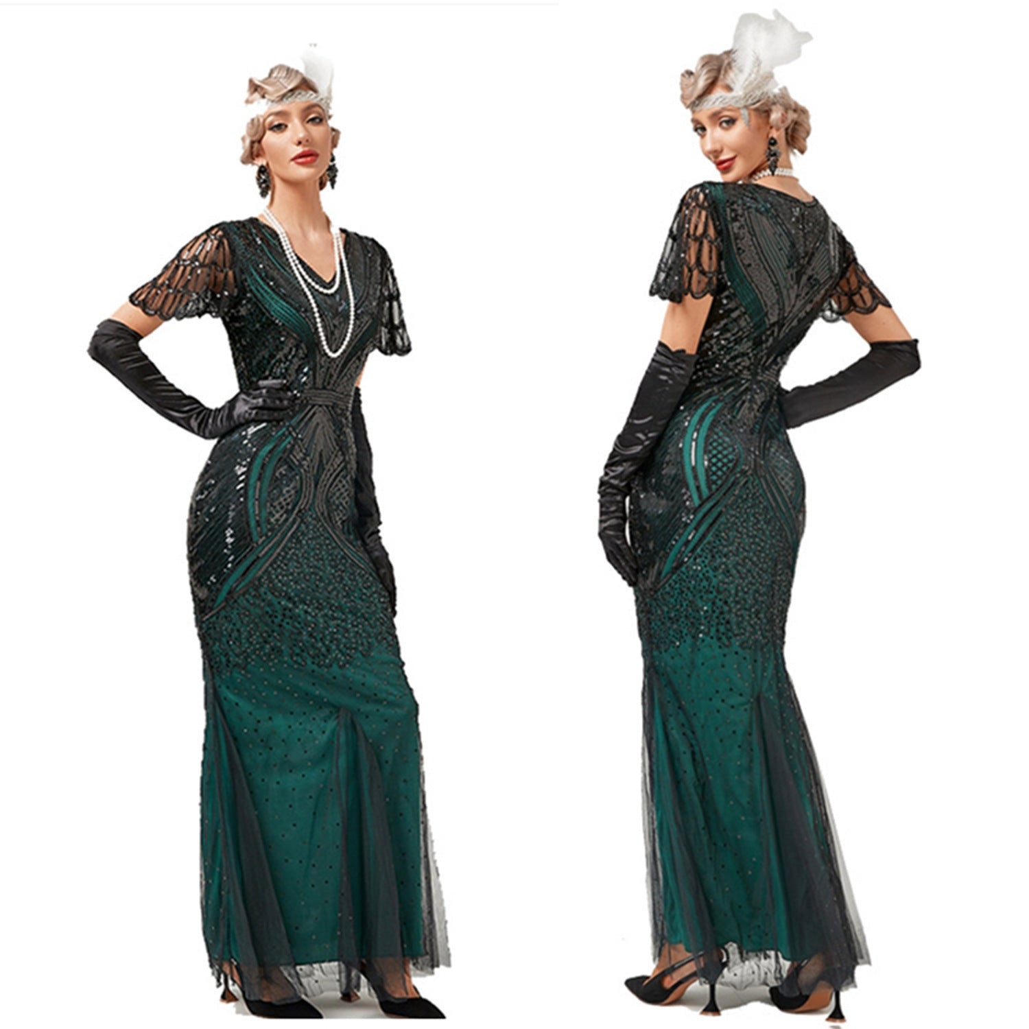 New 1920s Retro Gatsby Party Host Mesh Sequin Beaded Evening Dress Mermaid Dress