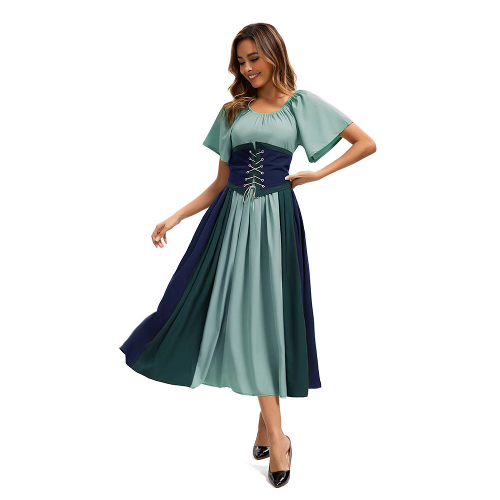 Style Medieval Retro Color-block Spliced Tie-waist Flared Dress for Costume Party Formal Dress