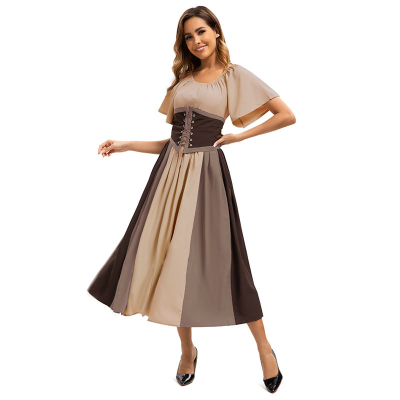 Style Medieval Retro Color-block Spliced Tie-waist Flared Dress for Costume Party Formal Dress