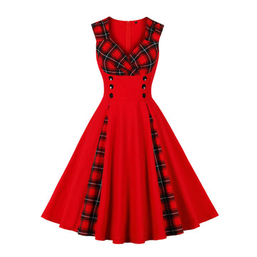 Halloween cotton double-breasted plaid printed sleeveless V-neck vintage dress