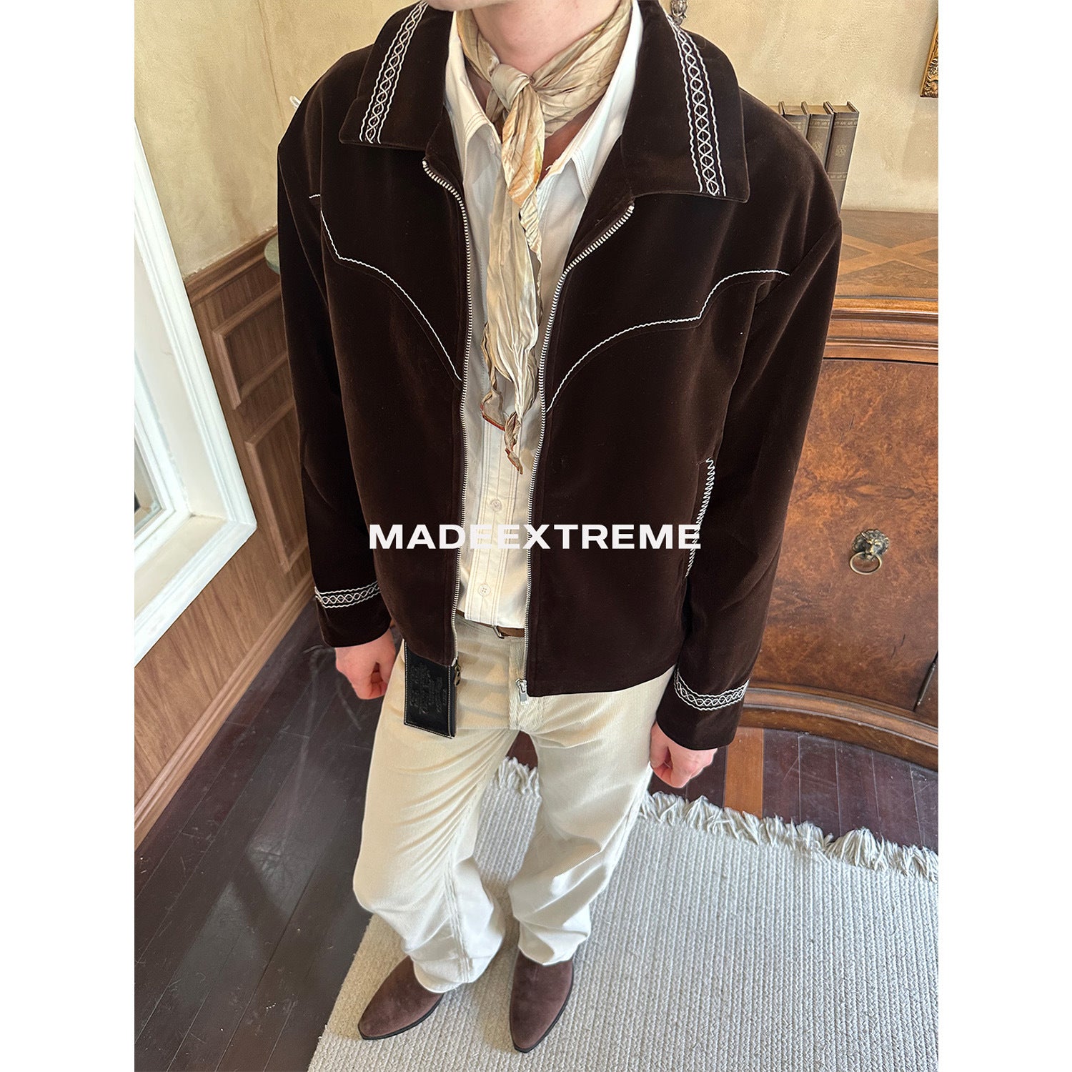 Jacket with Jacquard Pattern Zipper Clean Fit Loose Retro Outerwear for Men and Women