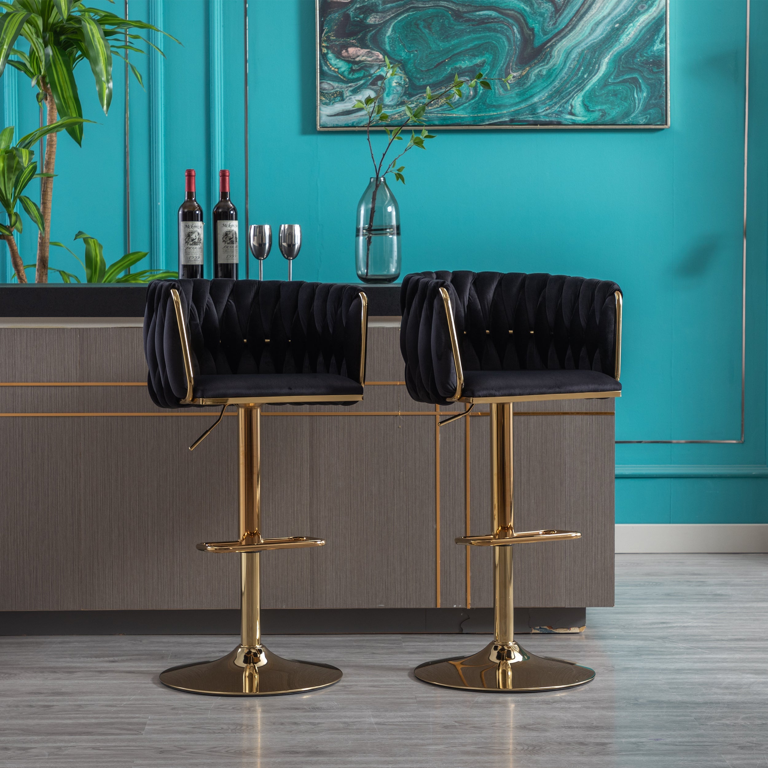 Set of 2 Bar Stools with Chrome Footrest and Base Swivel Height  Velvet + Golden Leg Simple Bar Stool-Black