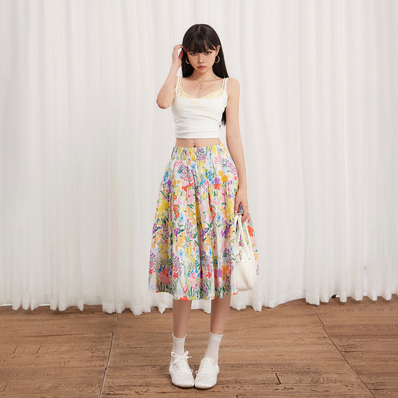 Floral Print High-Waisted Loose Vintage A-Line Midi Skirt for Women