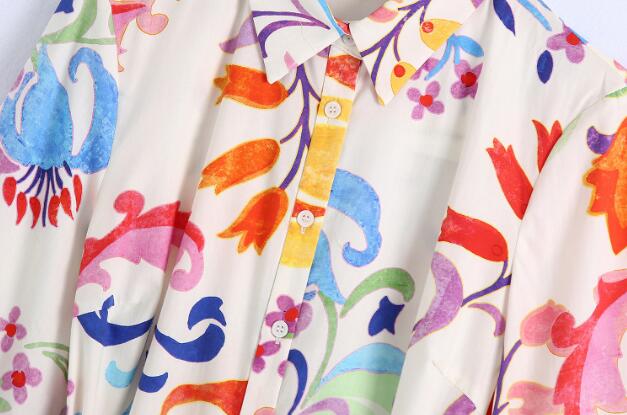 Women Vintage Totem Floral Print Bow Sashes Midi Shirt Dress