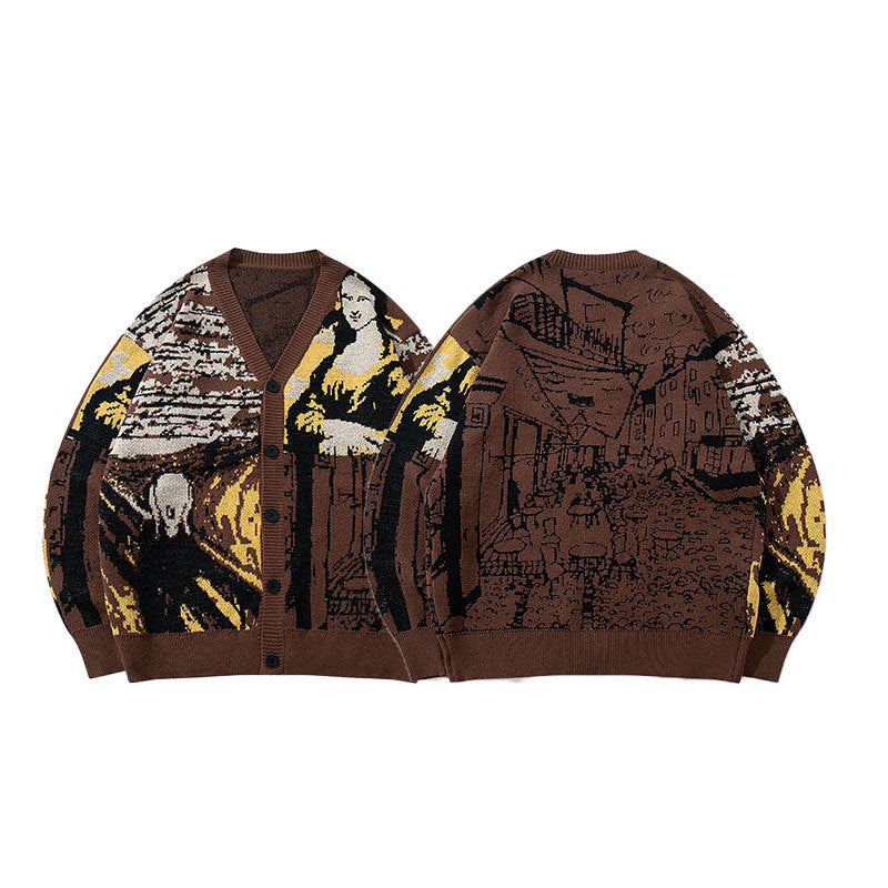 Sweater Men Vintage Fun Street Style Design Knitwear V-Neck Loose Casual Jacket