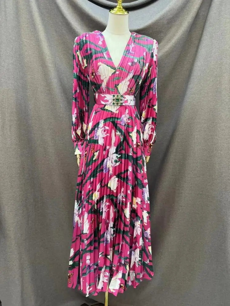 Vintage V Neck Full Sleeve High Waist Belt Large Hem Printed Long Pleated Dresses New Arrival
