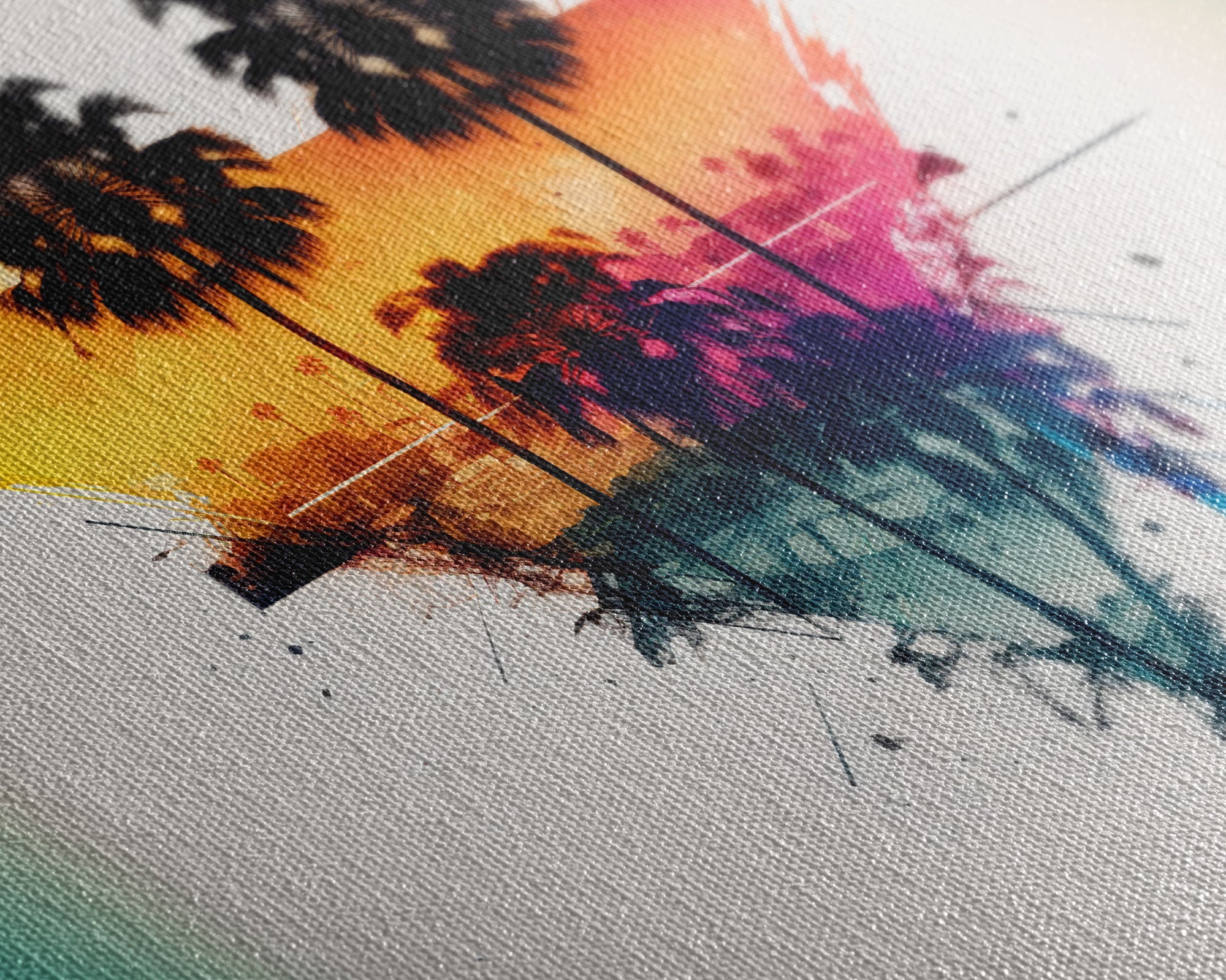 Retrowave / Synthwave Sunset Behind Beautiful Palm Trees, 1980s Style Retro Home Decor, Framed Canvas Print, Double Exposure Art