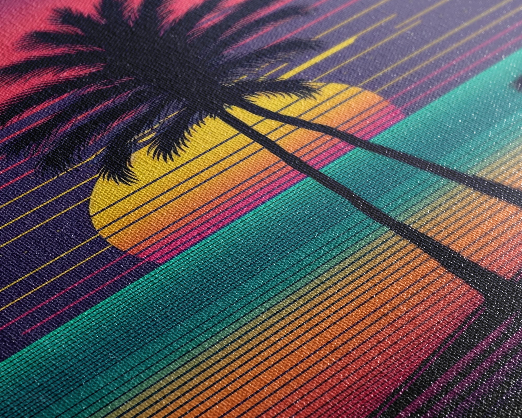 Synthwave Sunset, Retro Office Art, 80s Vibes, Framed Canvas Print, Framed Art, Trendy Wall Hanging