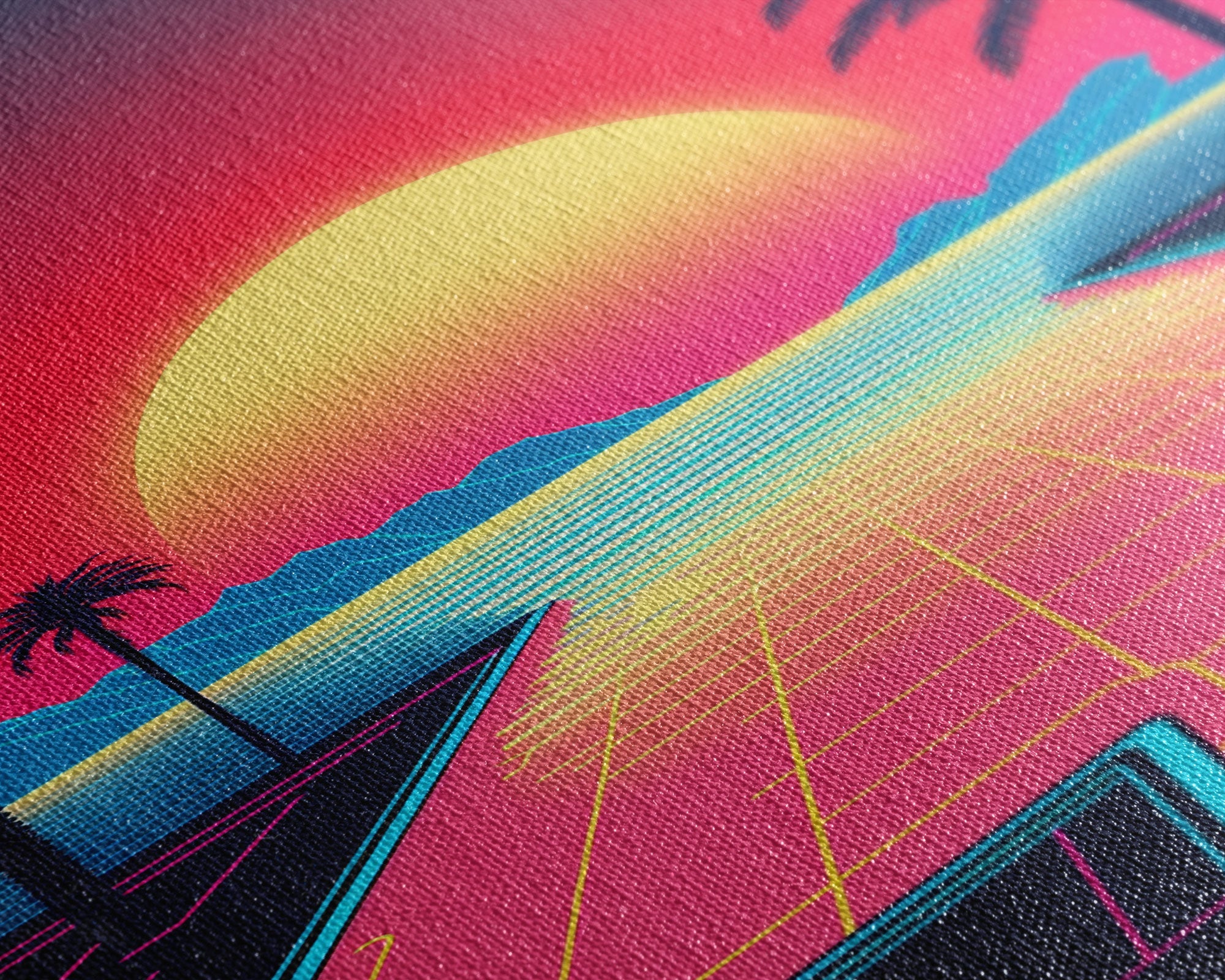 Retro Synthwave Sunset Canvas Print w/ Infinite Pool & Palm Trees | Framed Wall Decor | Framed Canvas Prints | Living Room Decor