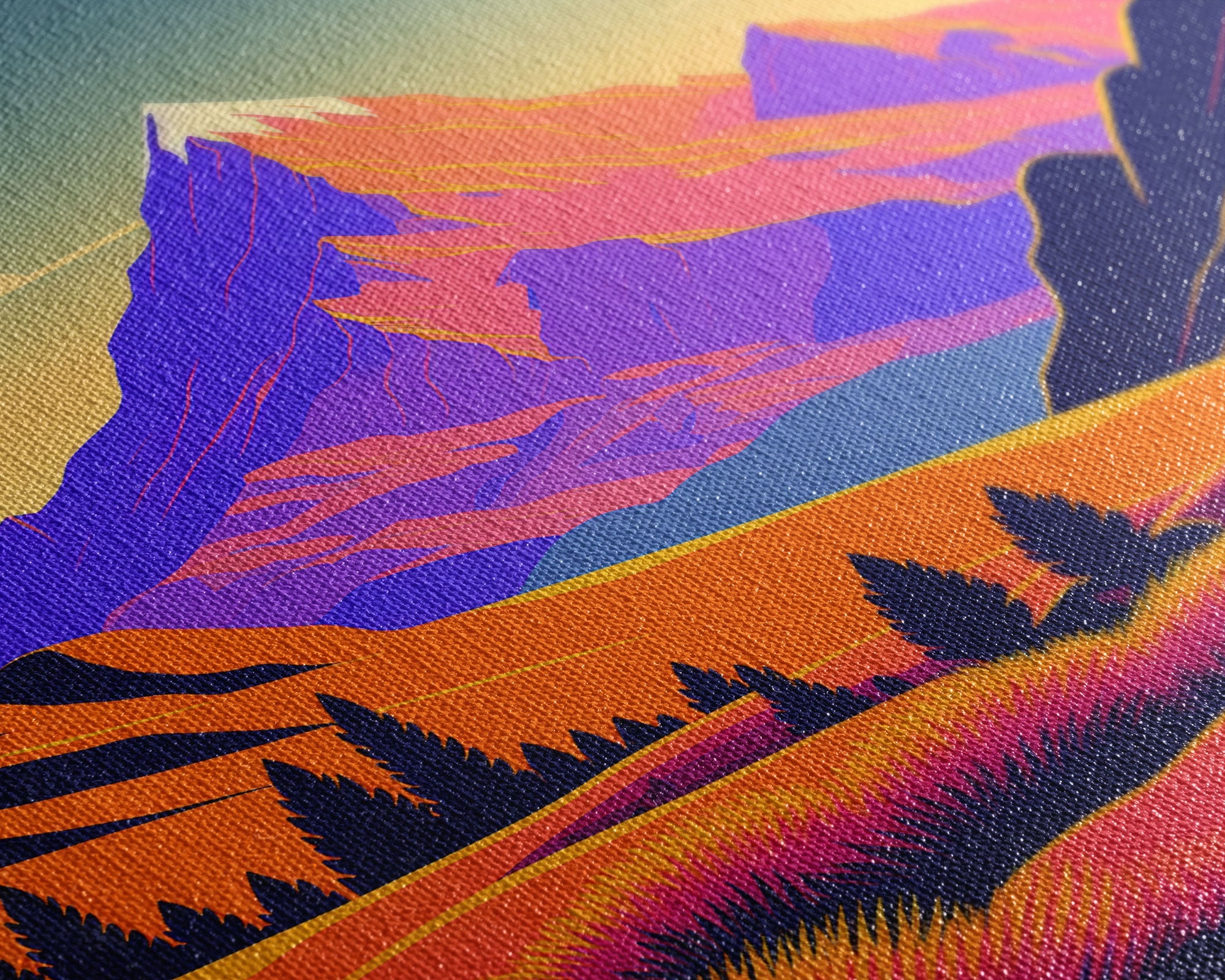 Retro Purple Midcentury Style Wall Art, Framed Canvas Print, Colorful Wall Art, Mountain Landscape, Office Decor, Low Res Art