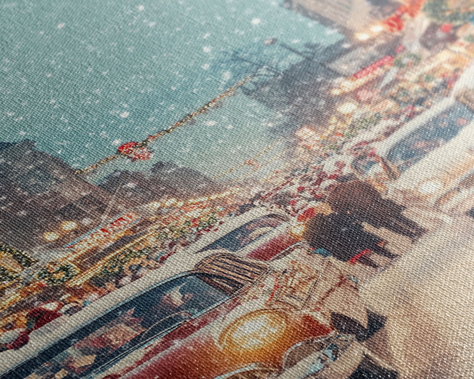 Retro Christmas Parade on Snowy Main Street with Classic Cars and Holiday Decorations, Framed Canvas Print for Christmas Wall Decor