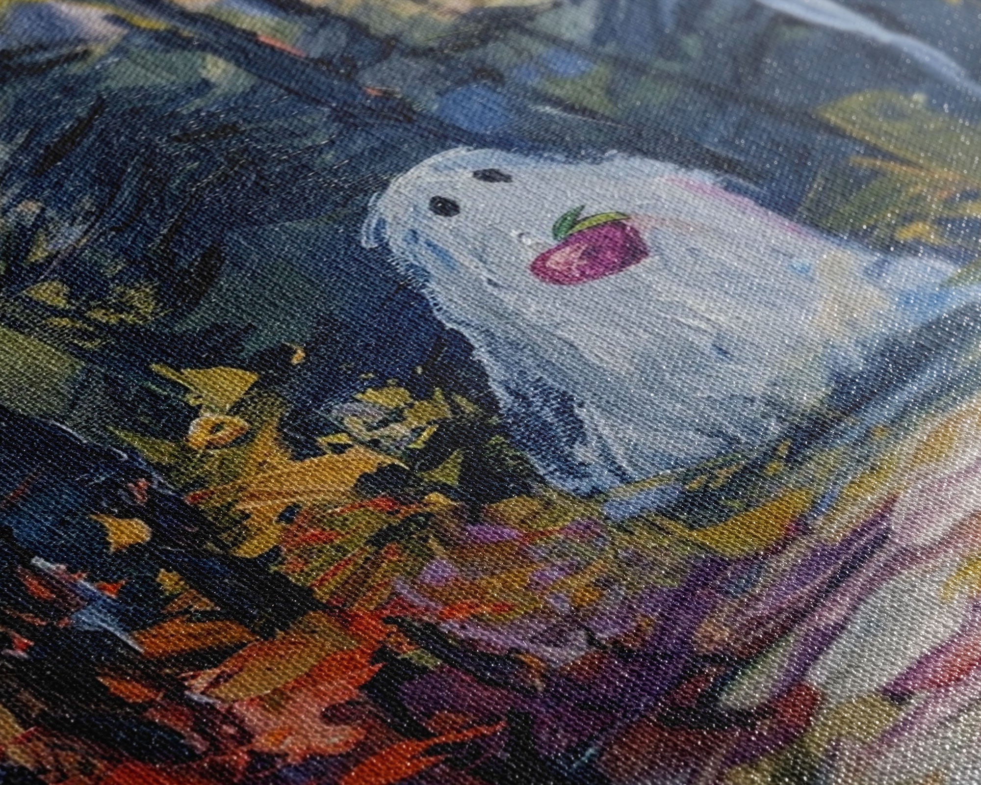 Halloween Ghost in Forest with Apple Framed Canvas Print, Whimsical Spooky Decor, Living Room Art, Fun Halloween Art, Home Decor, Retro Art