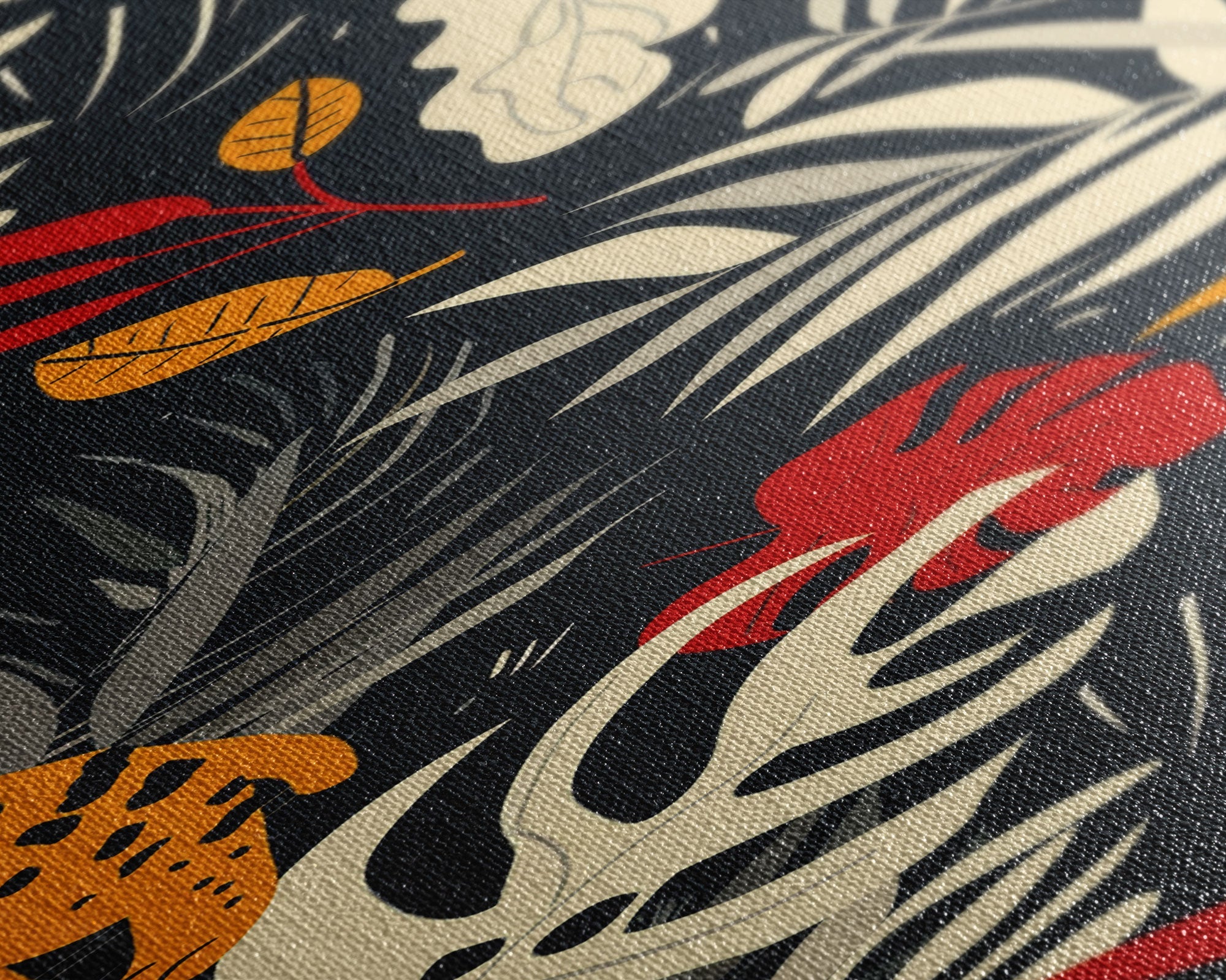 Jungle Foliage and Leopard Design on Black Background - Framed Canvas Print, Midcentury Modern Art, Skinny Art, Tall Art, Living Room Wall Decor, Boho Art