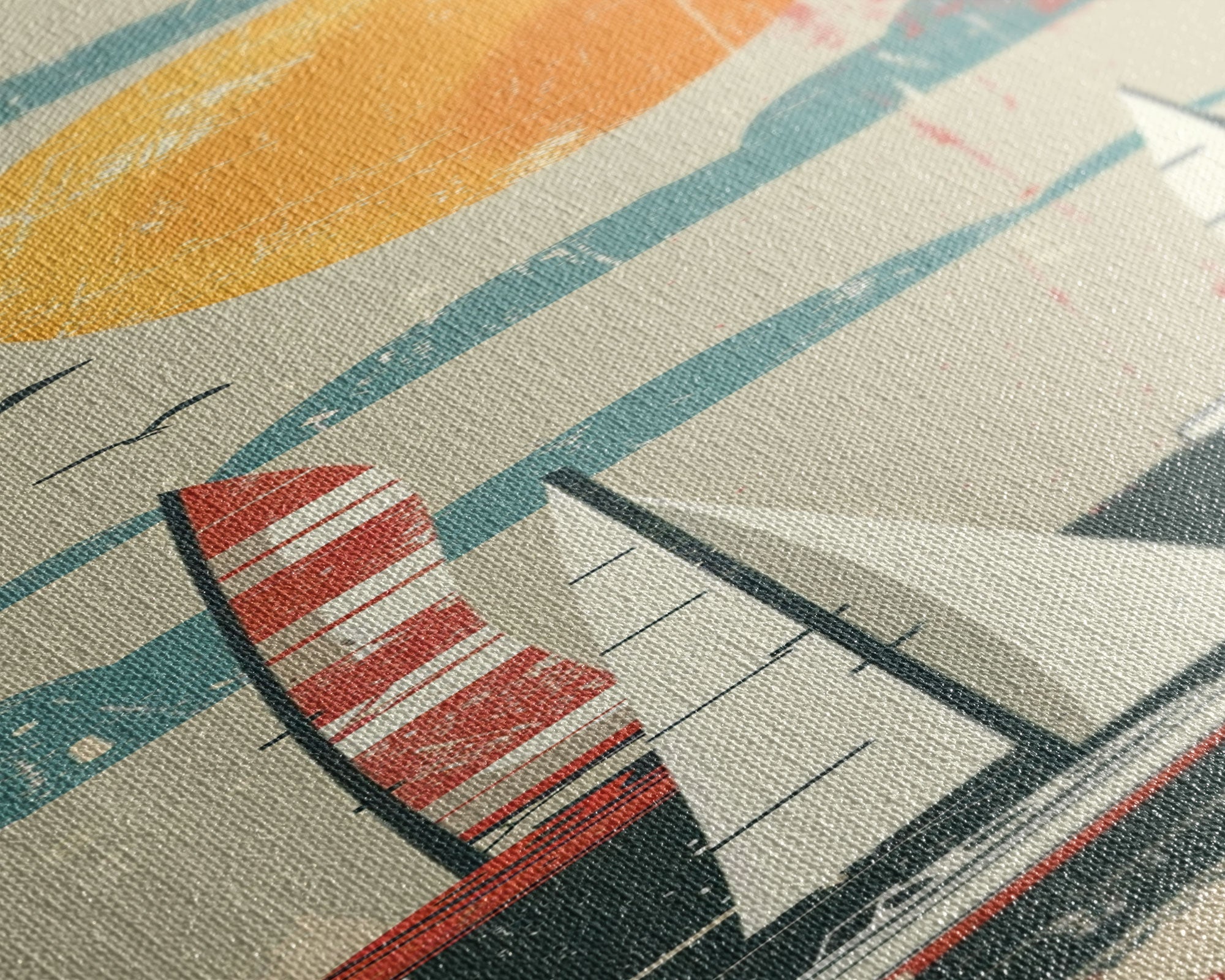 Sailboats Under the Sun, Retro Japanese Art Style Framed Canvas Print, Tall Skinny Art with a Vintage Touch